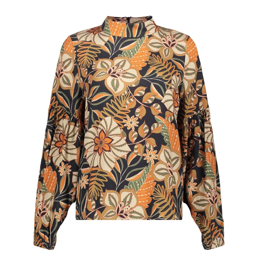 Vrouwen Geisha Fashion | Geisha Dames Top Met Bloemen Print 33662-20 Zwart