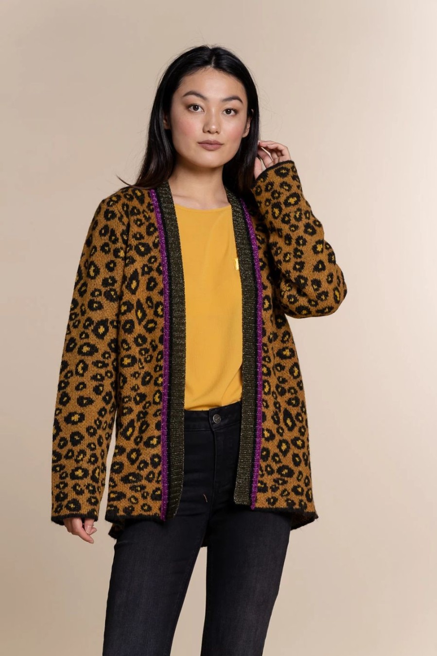 Vrouwen Geisha Fashion | Geisha Gebreid Vest Leopard Print 94554-70 Mustard