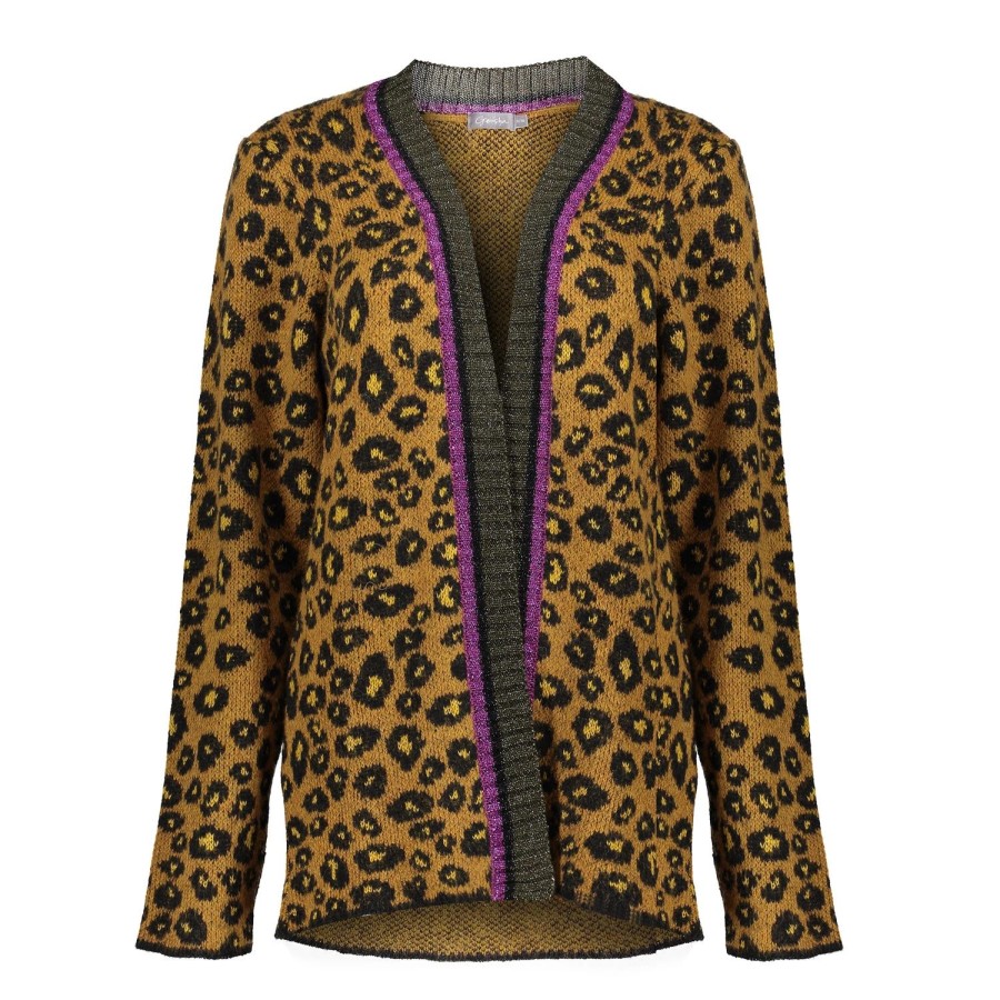 Vrouwen Geisha Fashion | Geisha Gebreid Vest Leopard Print 94554-70 Mustard