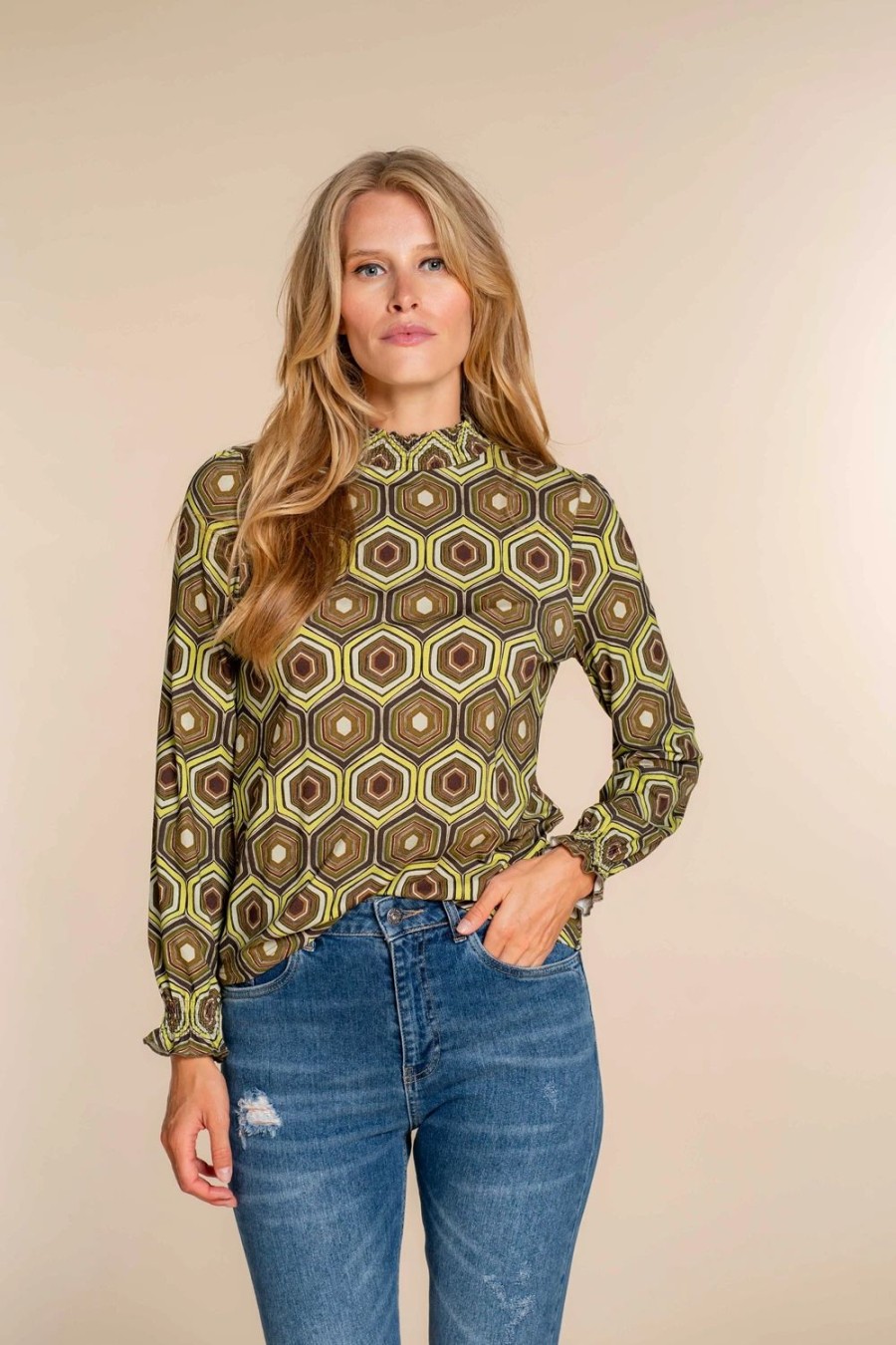 Vrouwen Geisha Fashion | Geisha Dames Top Met Print 33952-20 Olive