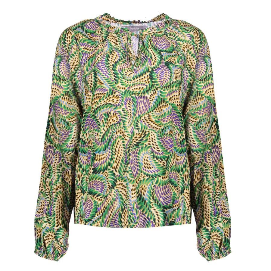 Vrouwen Geisha Fashion | Geisha Dames Smock Top Met Pofmouwen En Print 33665-20 Groen