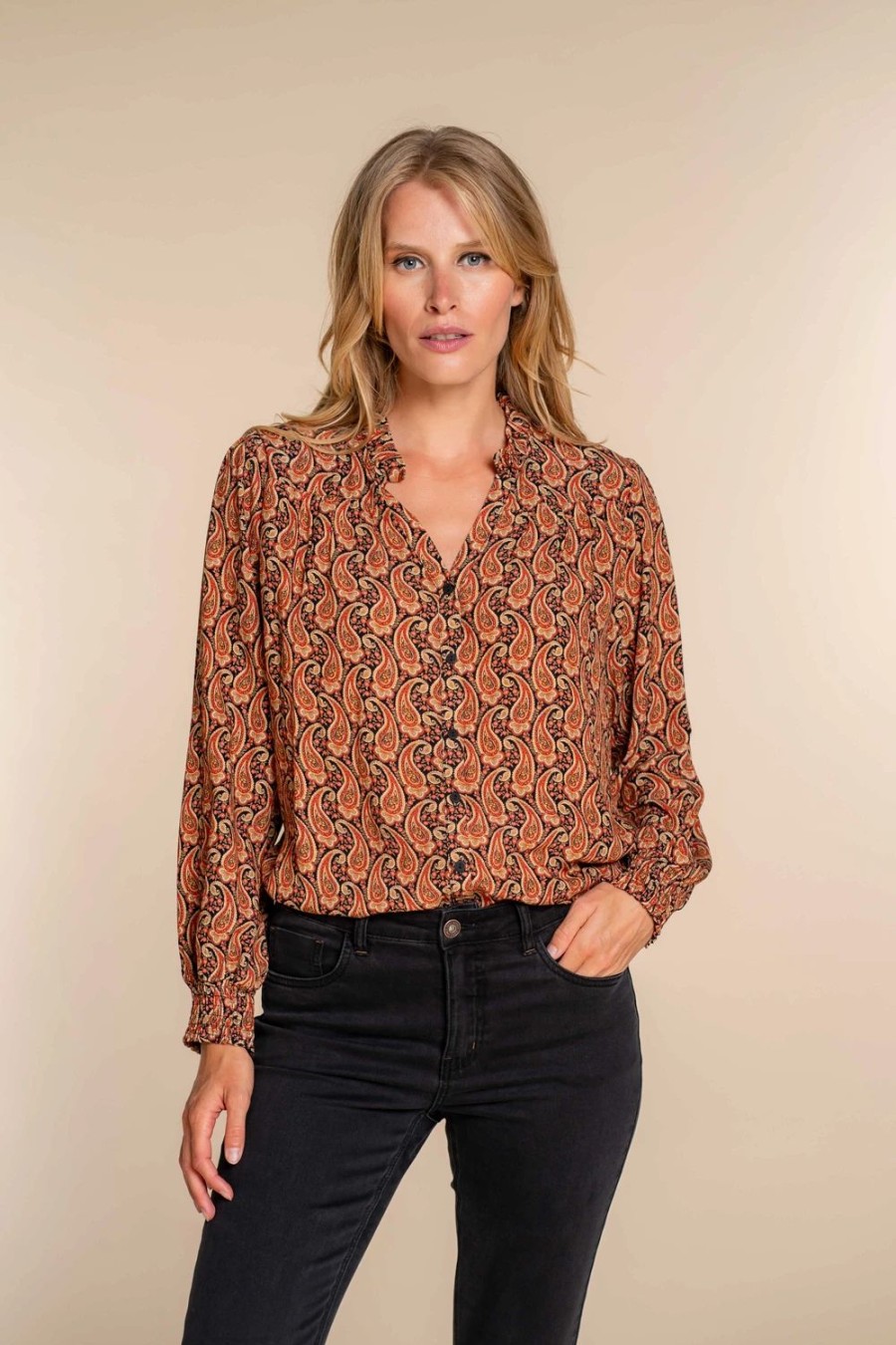 Vrouwen Geisha Fashion | Geisha Dames Blouse Met Paisley Print 33957-20 Zwart