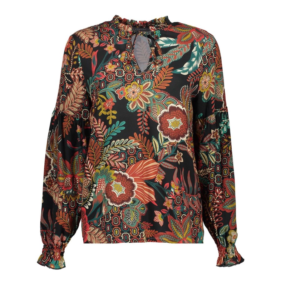 Vrouwen Geisha Fashion | Geisha Dames Top Met Print 33961-20 Zwart