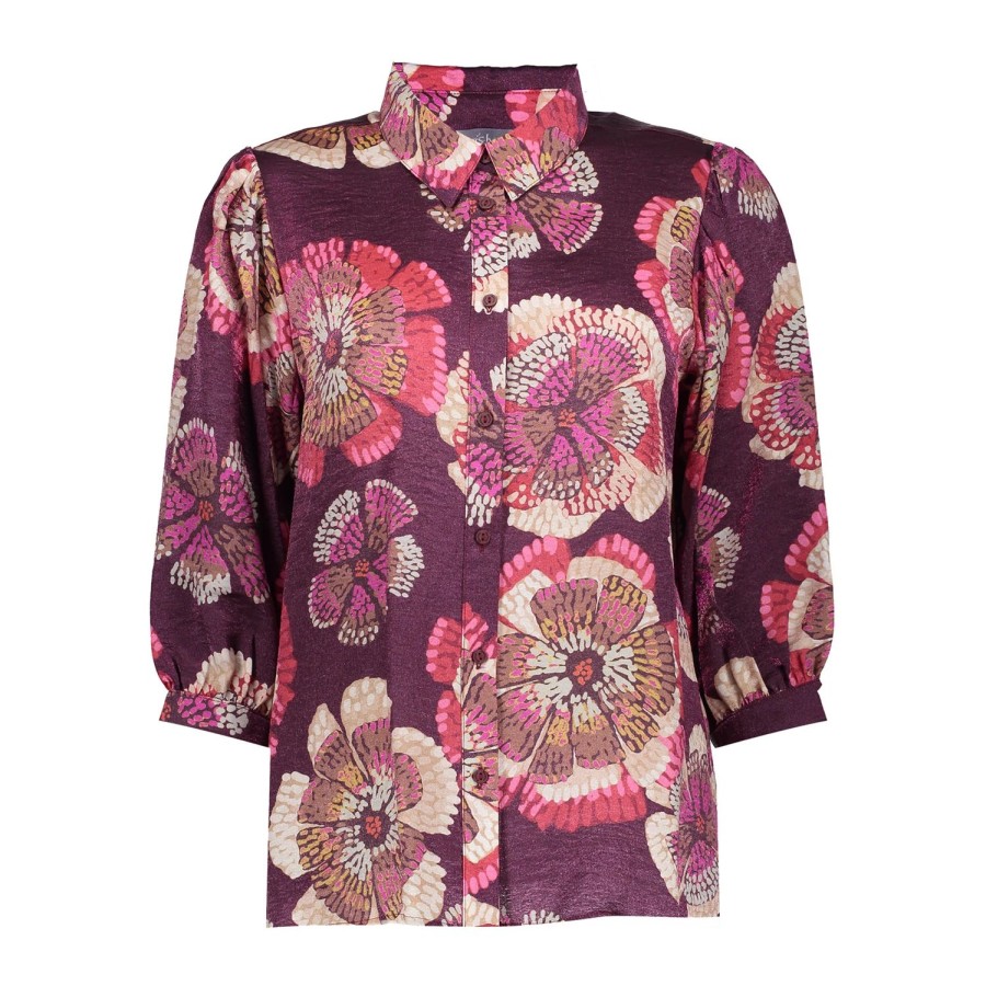 Vrouwen Geisha Fashion | Geisha Dames Blouse Met Bloemen Print 33648-20 Burgundy