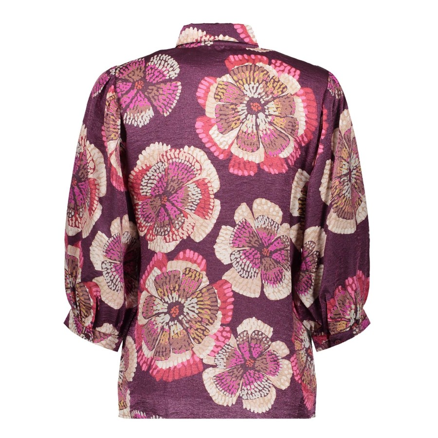 Vrouwen Geisha Fashion | Geisha Dames Blouse Met Bloemen Print 33648-20 Burgundy