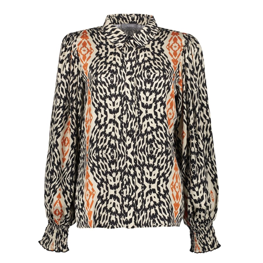 Vrouwen Geisha Fashion | Geisha Dames Blouse Met Ikat Print 33641-20 Sand