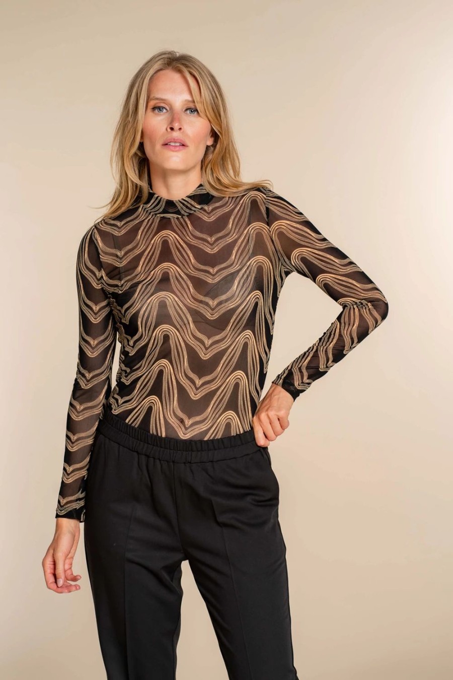 Vrouwen Geisha Fashion | Geisha Dames Mesh Top Met Print 32840-14 Zwart