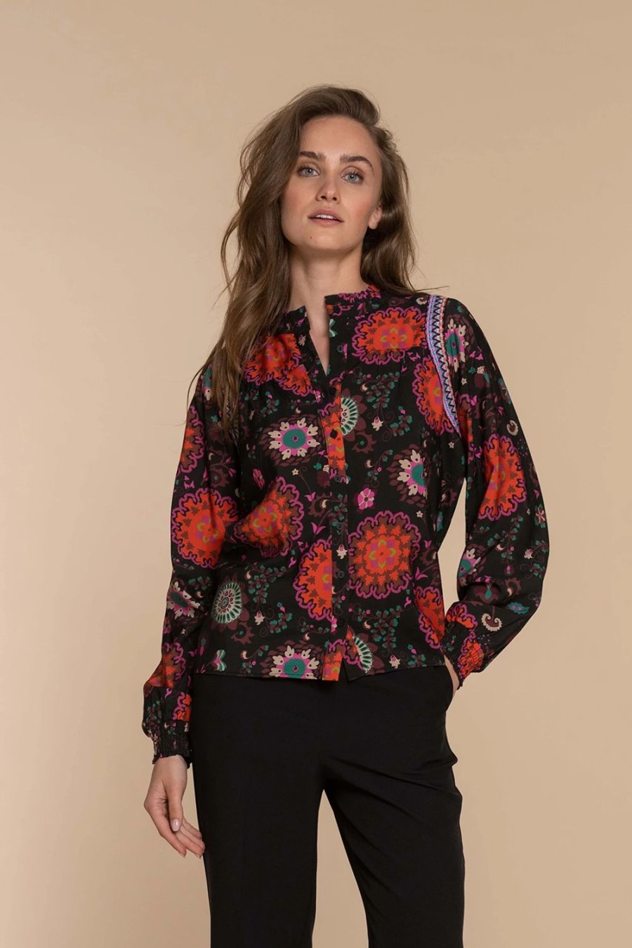 Vrouwen Geisha Fashion | Geisha Dames Bloemen Print Blouse 33691-20 Zwart