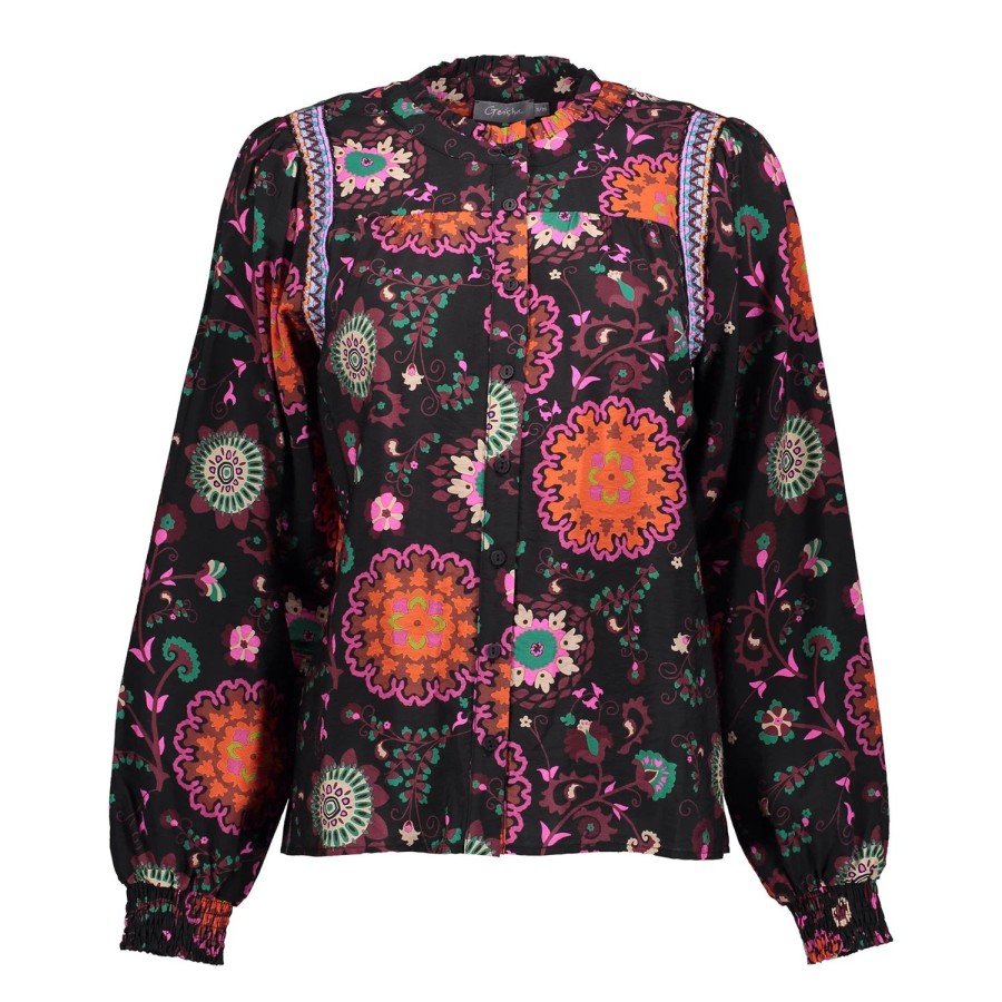 Vrouwen Geisha Fashion | Geisha Dames Bloemen Print Blouse 33691-20 Zwart