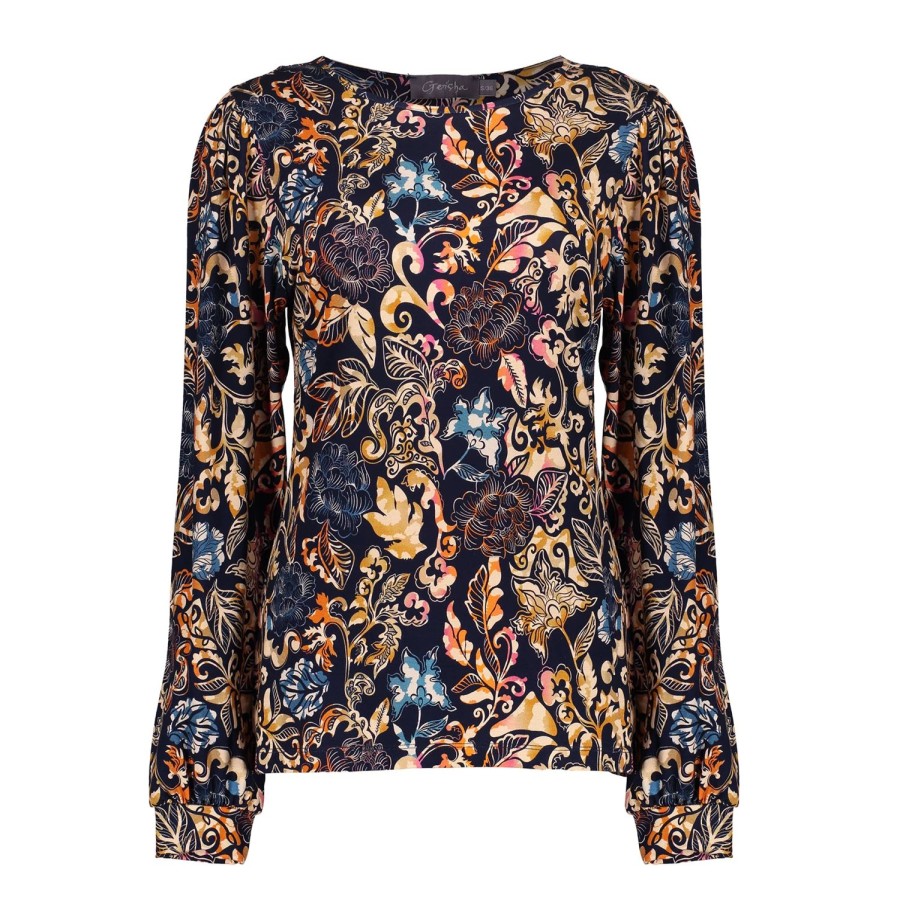 Vrouwen Geisha Fashion | Geisha Dames Top Met Paisley Print 32584-60 Navy