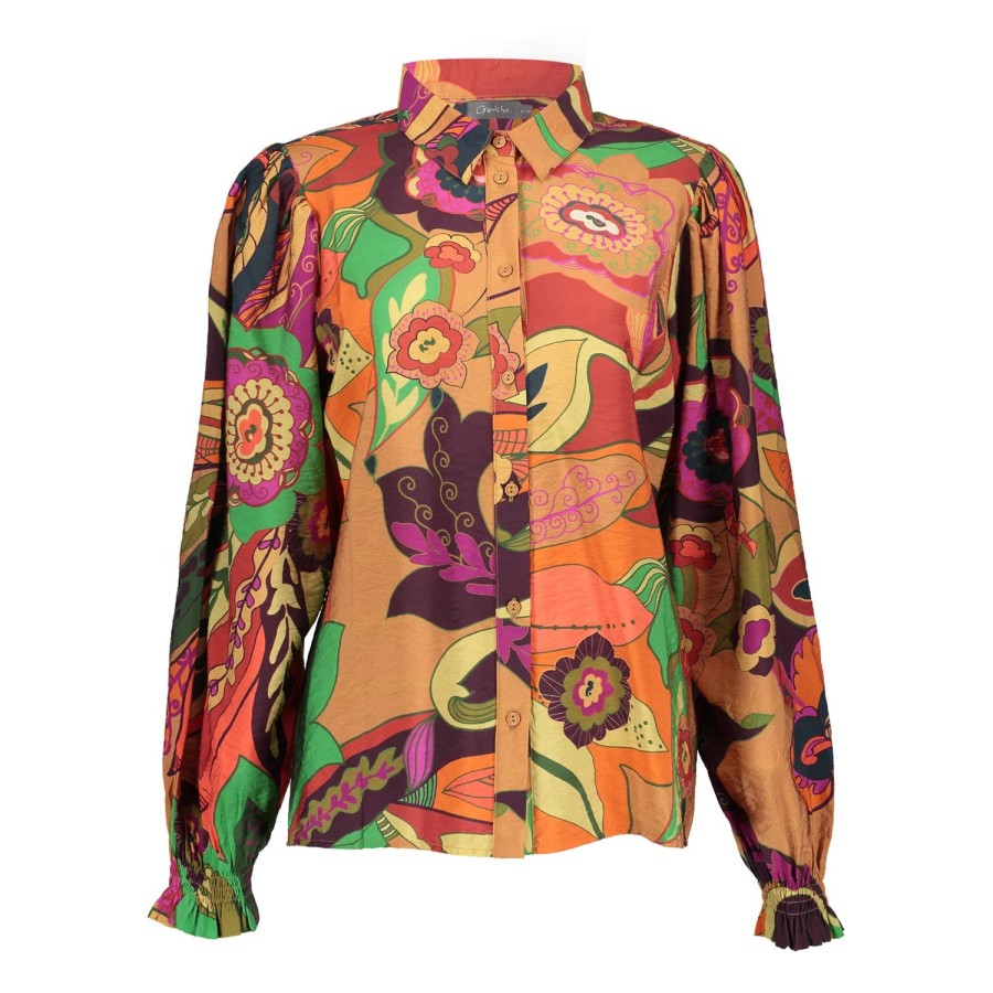 Vrouwen Geisha Fashion | Geisha Dames Blouse Met Print 33692-20 Camel