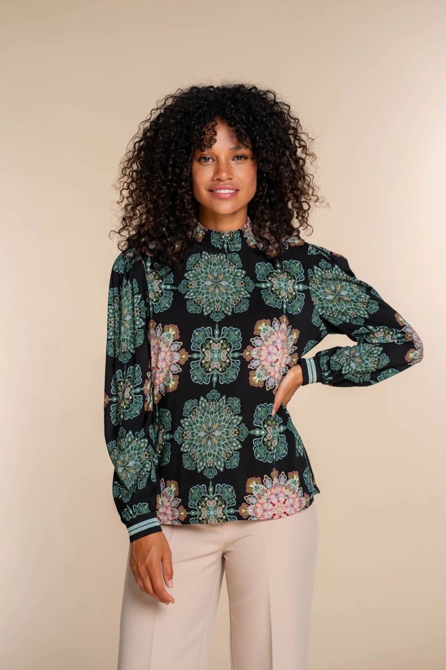 Vrouwen Geisha Fashion | Geisha Dames Top Met Print 33947-20 Zwart