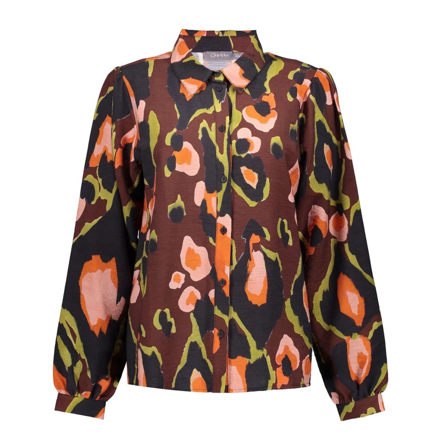 Vrouwen Geisha Fashion | Geisha Dames Blouse Met Print 33935-20 Bruin