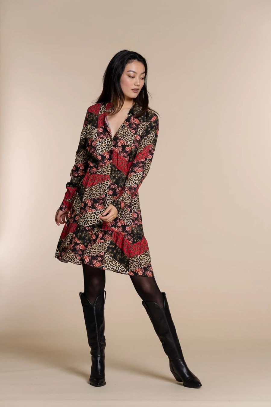 Vrouwen Geisha Fashion | Geisha Strokenjurk Animal/Flowerprint 97769-20 Zwart