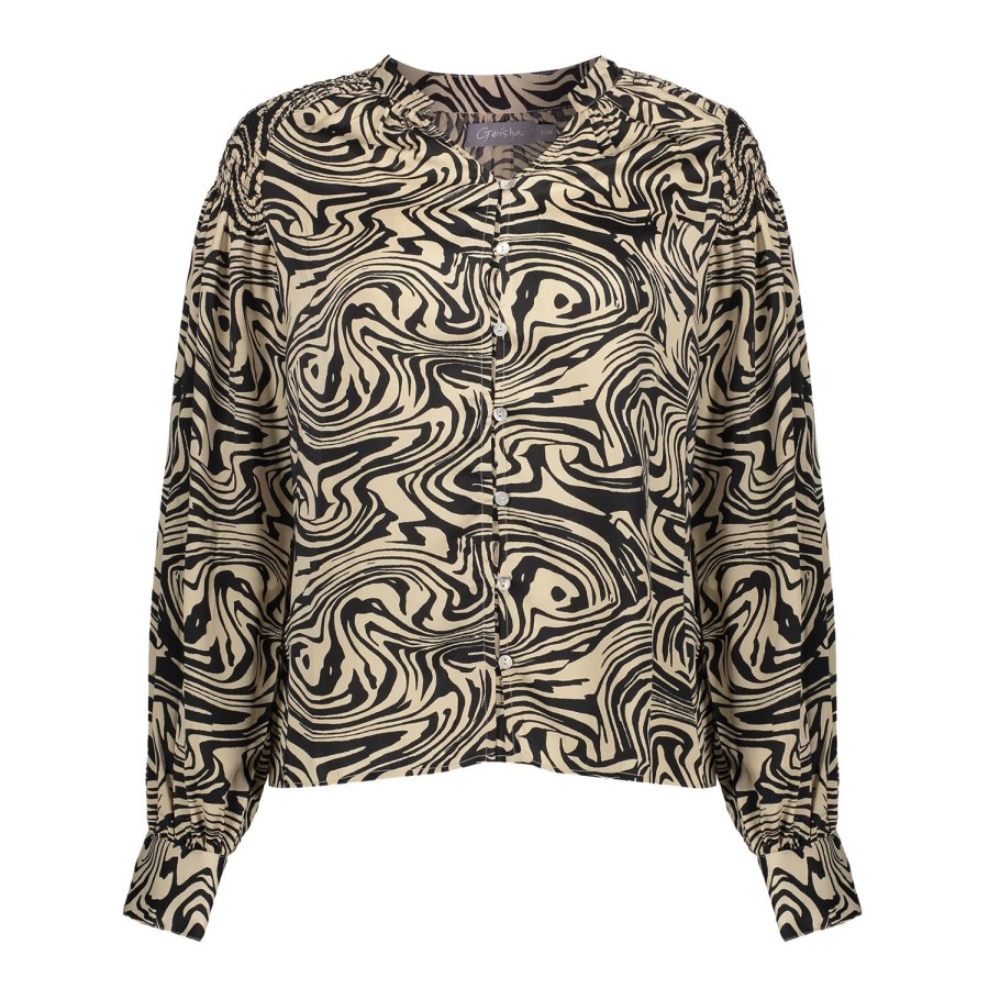 Vrouwen Geisha Fashion | Geisha Dames Blouse Met Print 33870-21 Zwart