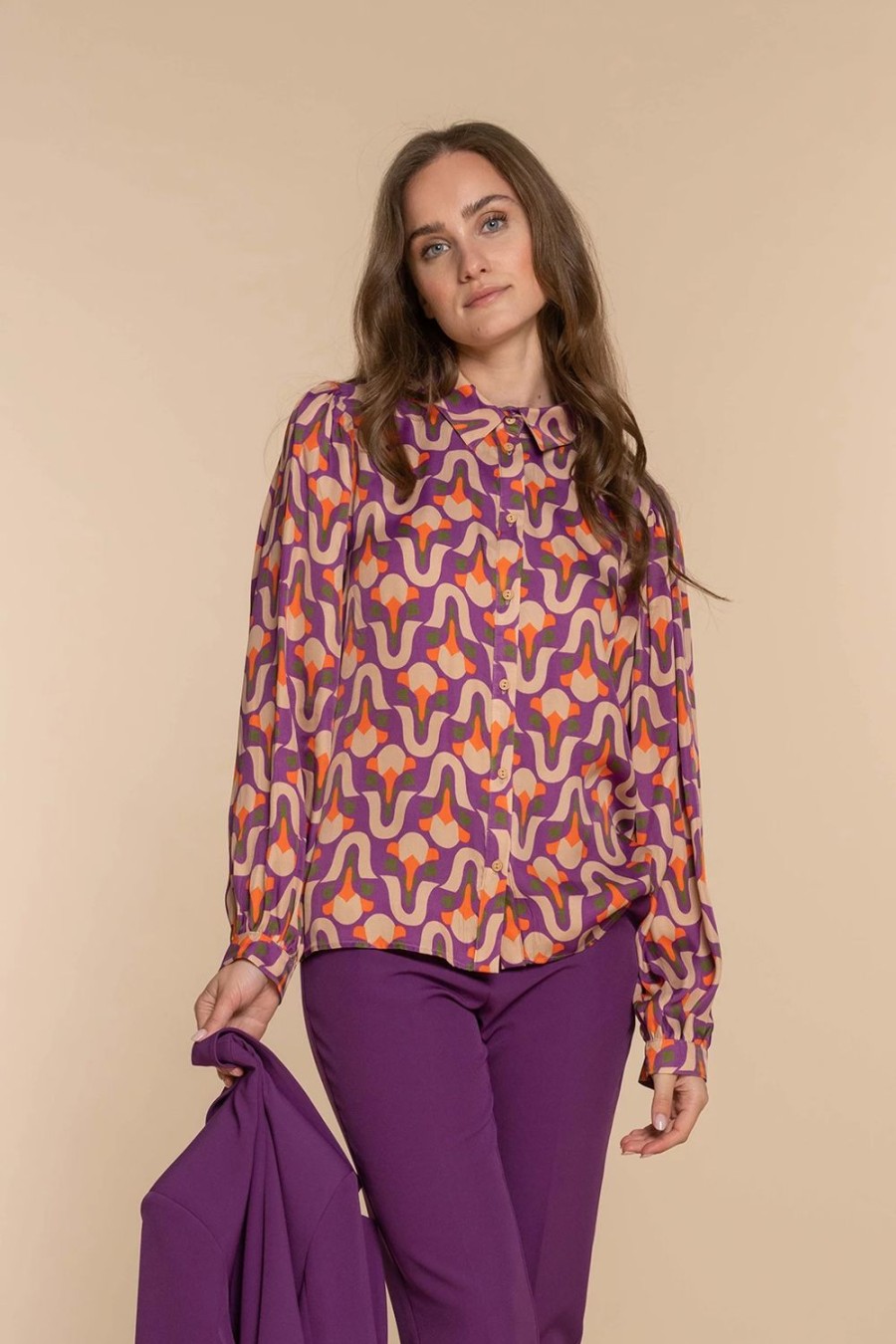 Vrouwen Geisha Fashion | Geisha Dames Blouse Met Vintage Print 33644-20 Paars